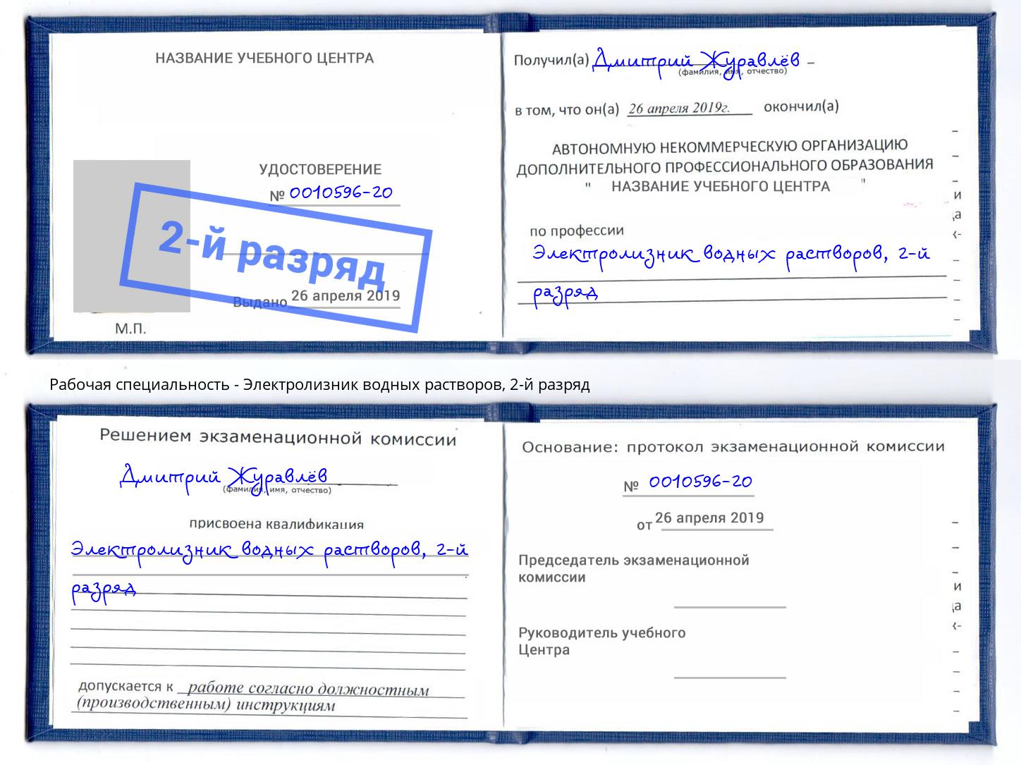 корочка 2-й разряд Электролизник водных растворов Черкесск