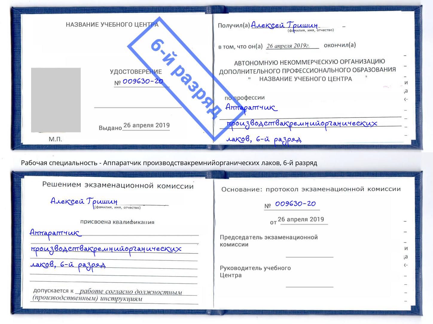 корочка 6-й разряд Аппаратчик производствакремнийорганических лаков Черкесск