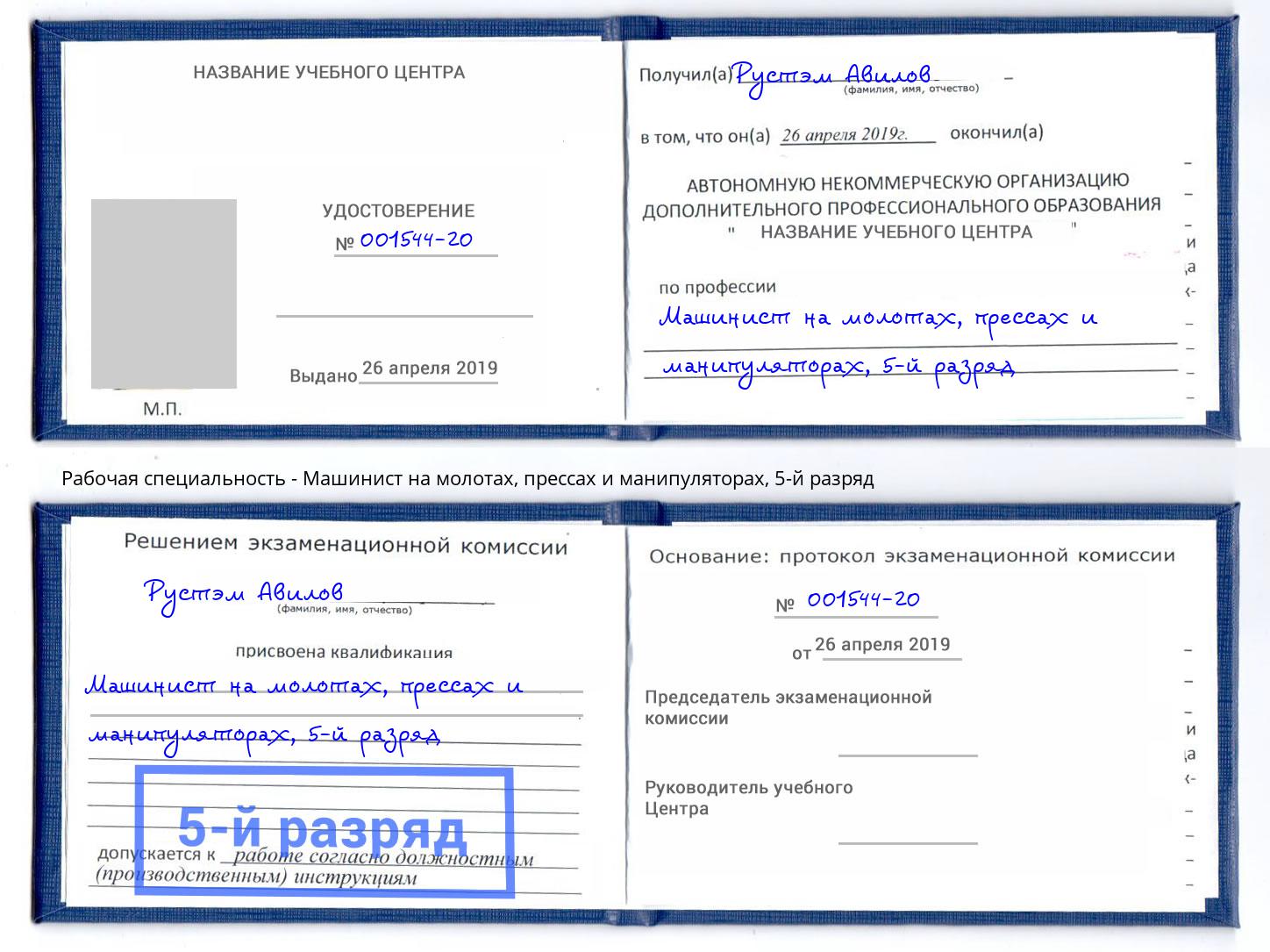 корочка 5-й разряд Машинист на молотах, прессах и манипуляторах Черкесск