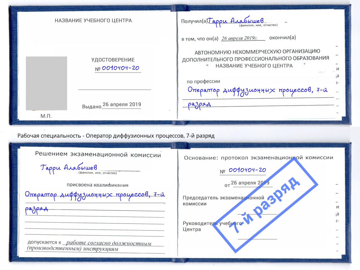 корочка 7-й разряд Оператор диффузионных процессов Черкесск